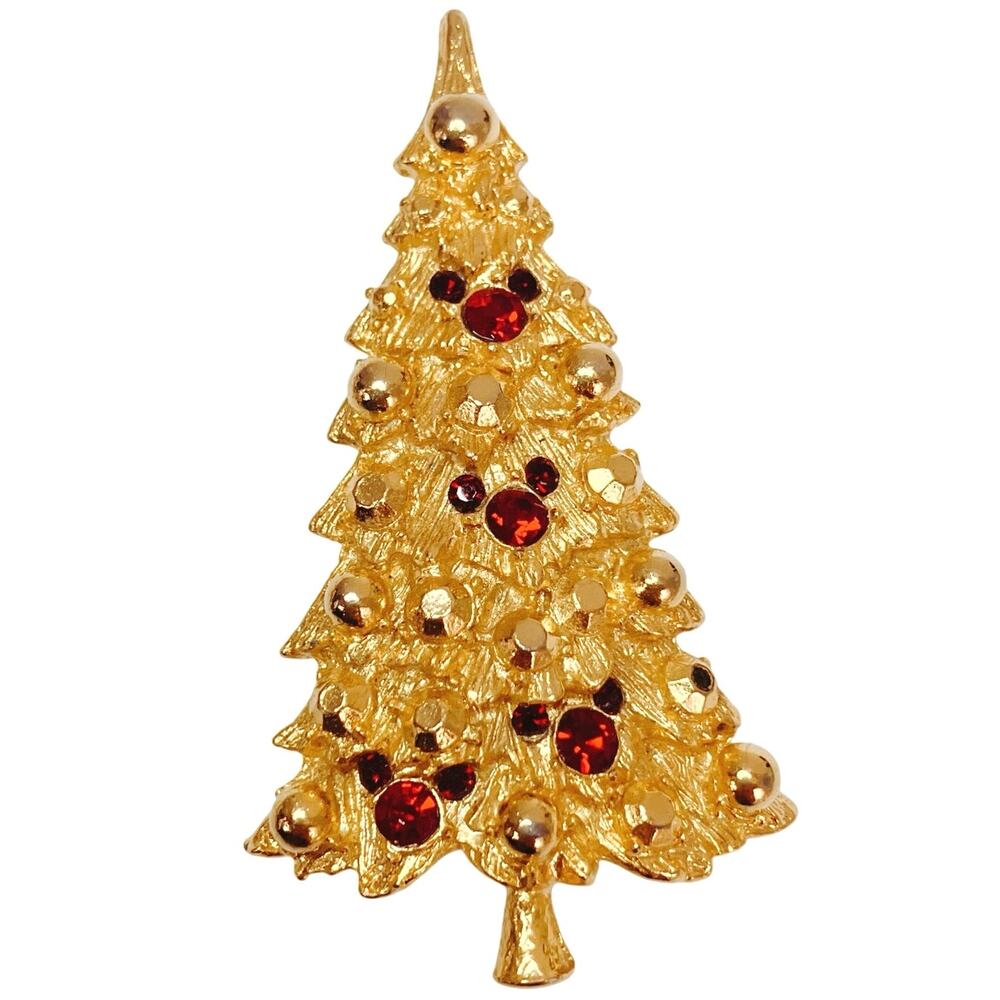 Signed Disney Christmas Tree Brooch Gold Tone Red Rhinestones Hidden Mickey VTG